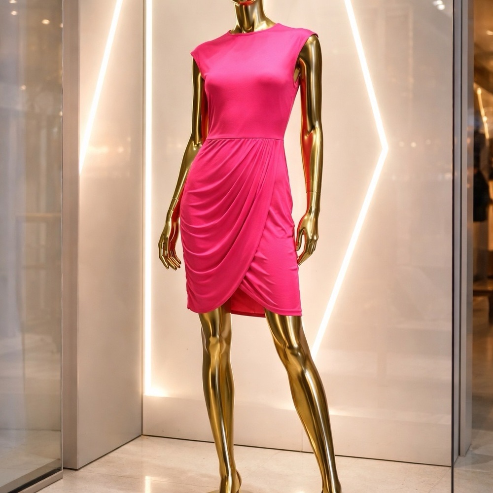 Elegant Salmon Pink Midi Dress with Draped Skirt